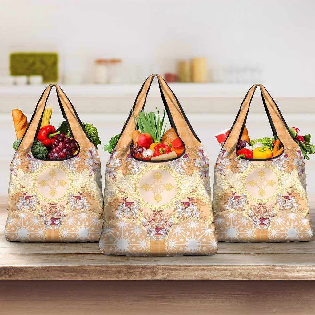 Hawaii Peach Palaka Grocery Bag With Tapa Pattern Tropical Flowers - Polynesian Pride