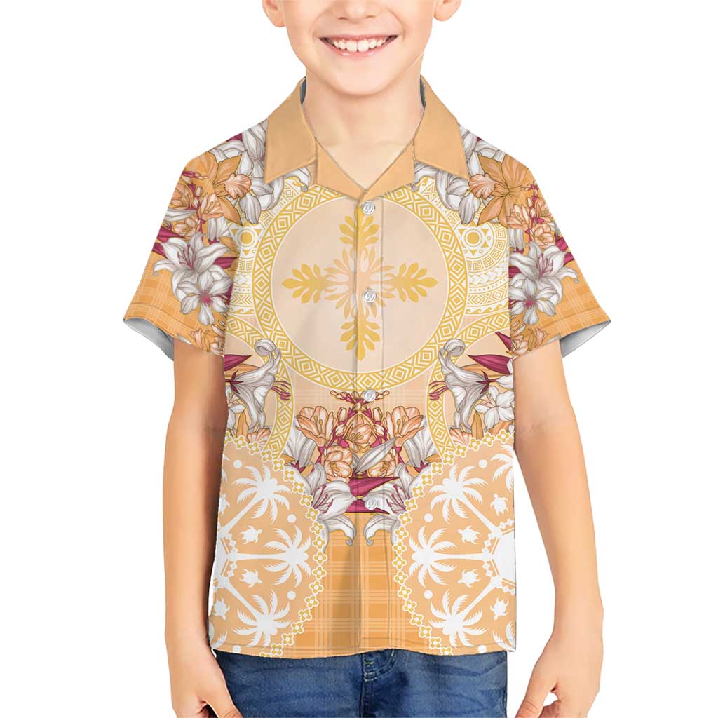 Hawaii Peach Palaka Hawaiian Shirt With Tapa Pattern Tropical Flowers - Polynesian Pride