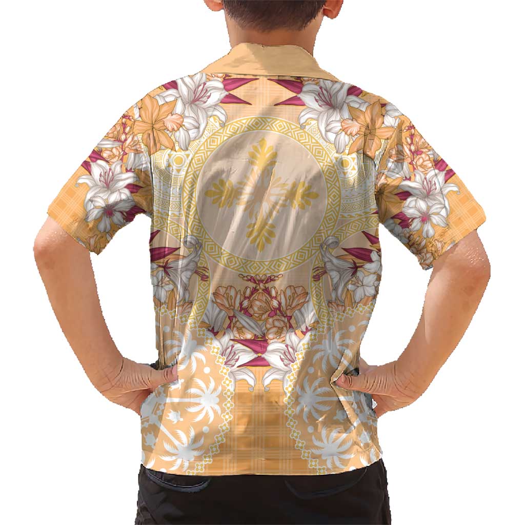 Hawaii Peach Palaka Kid Hawaiian Shirt With Tapa Pattern Tropical Flowers LT05 - Polynesian Pride
