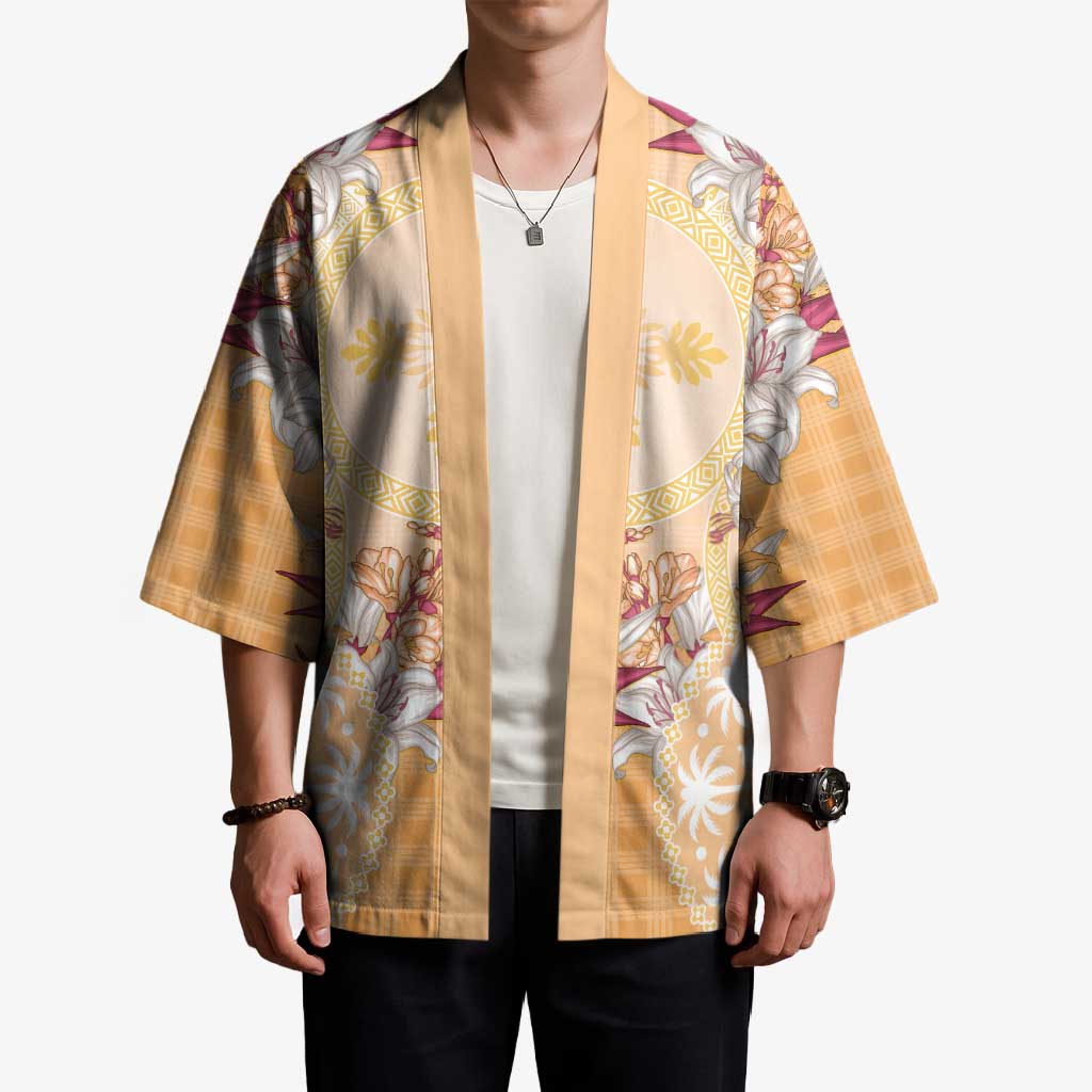 Hawaii Peach Palaka Kimono With Tapa Pattern Tropical Flowers - Polynesian Pride