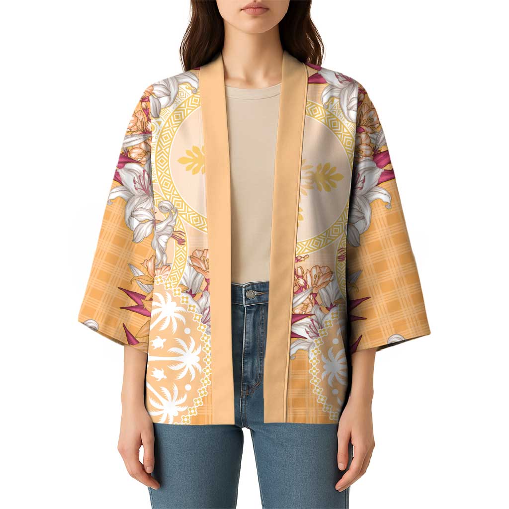 Hawaii Peach Palaka Kimono With Tapa Pattern Tropical Flowers - Polynesian Pride