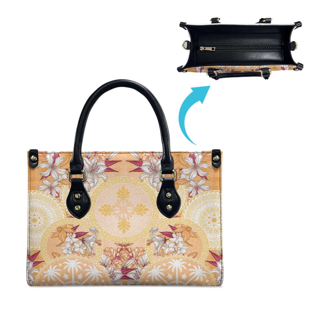 Hawaii Peach Palaka Leather Bag With Tapa Pattern Tropical Flowers - Polynesian Pride