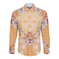 Hawaii Peach Palaka Long Sleeve Button Shirt With Tapa Pattern Tropical Flowers - Polynesian Pride