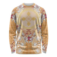 Hawaii Peach Palaka Long Sleeve Shirt With Tapa Pattern Tropical Flowers - Polynesian Pride