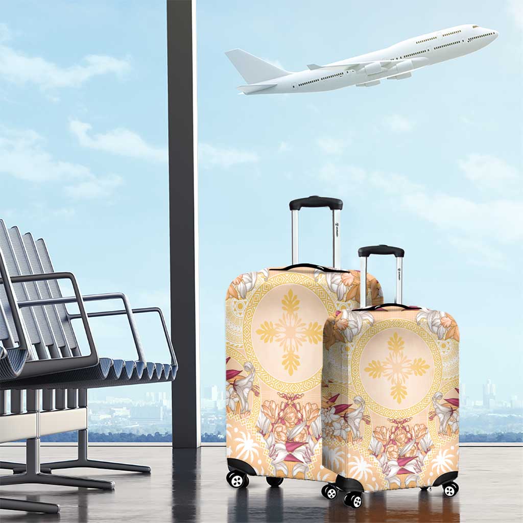 Hawaii Peach Palaka Luggage Cover With Tapa Pattern Tropical Flowers - Polynesian Pride