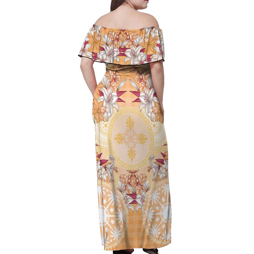 Hawaii Peach Palaka Off Shoulder Maxi Dress With Tapa Pattern Tropical Flowers LT05 - Polynesian Pride