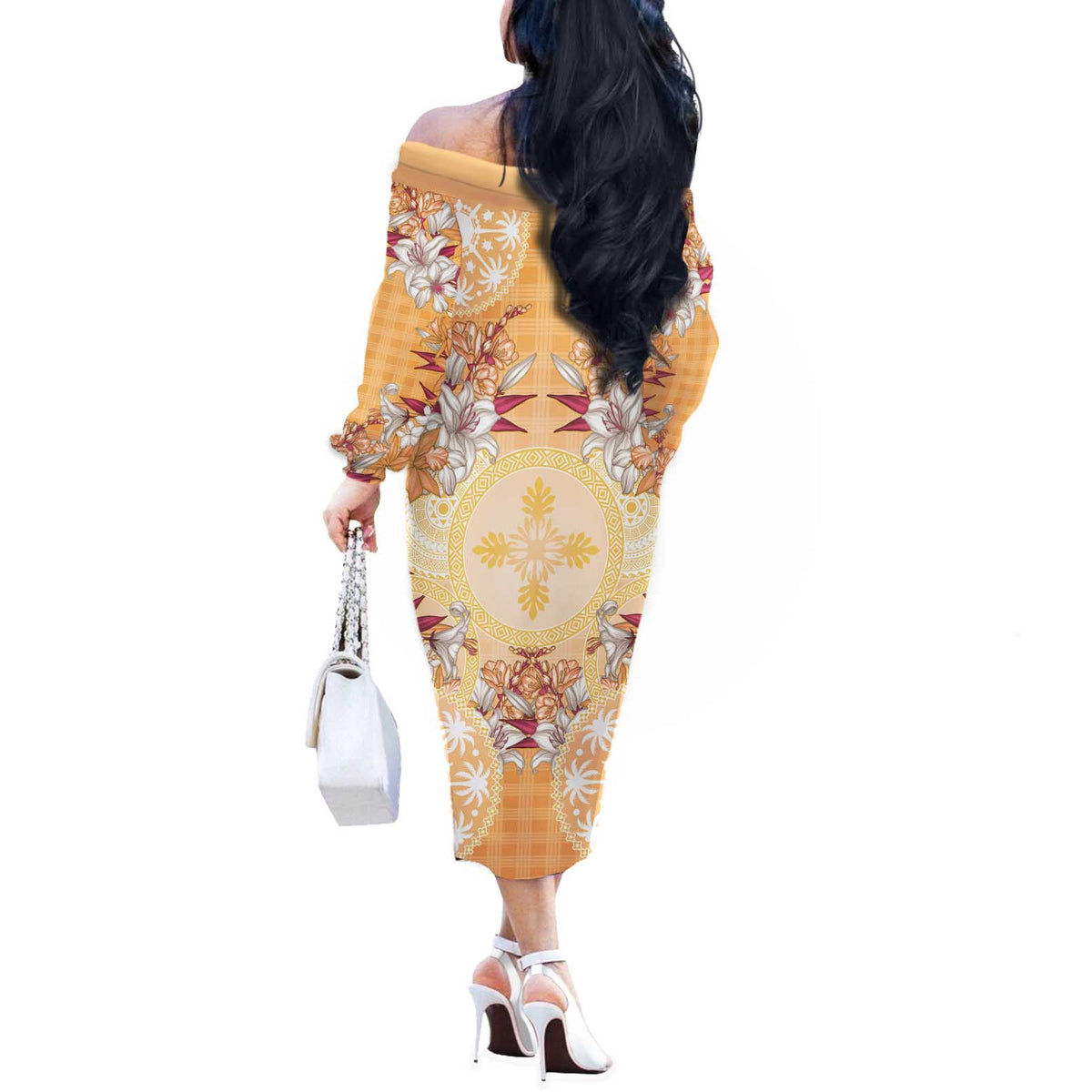 Hawaii Peach Palaka Off The Shoulder Long Sleeve Dress With Tapa Pattern Tropical Flowers - Polynesian Pride