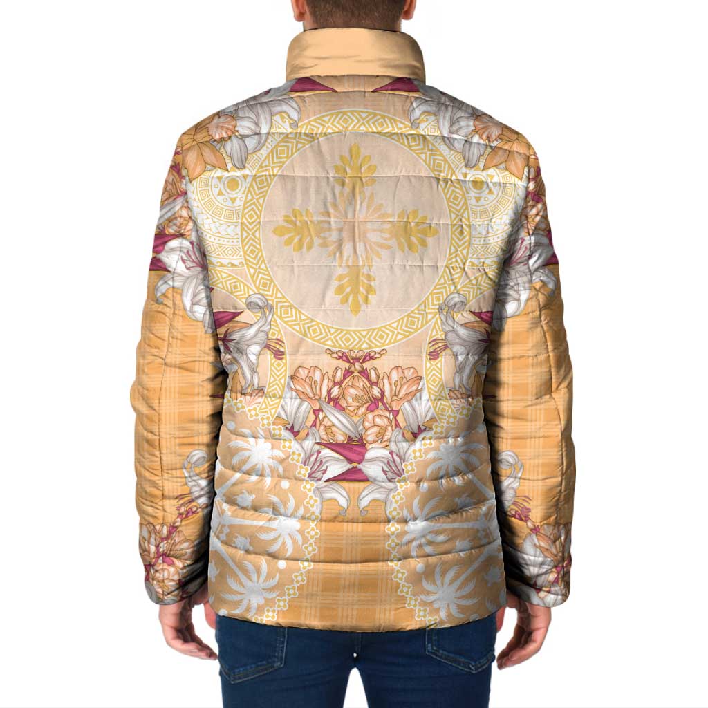 Hawaii Peach Palaka Padded Jacket With Tapa Pattern Tropical Flowers - Polynesian Pride