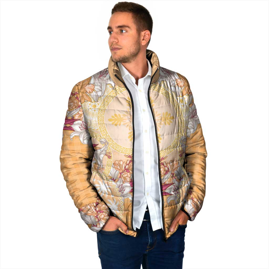 Hawaii Peach Palaka Padded Jacket With Tapa Pattern Tropical Flowers - Polynesian Pride