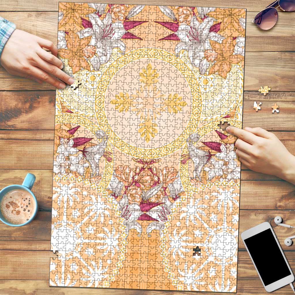 Hawaii Peach Palaka Puzzle With Tapa Pattern Tropical Flowers - Polynesian Pride