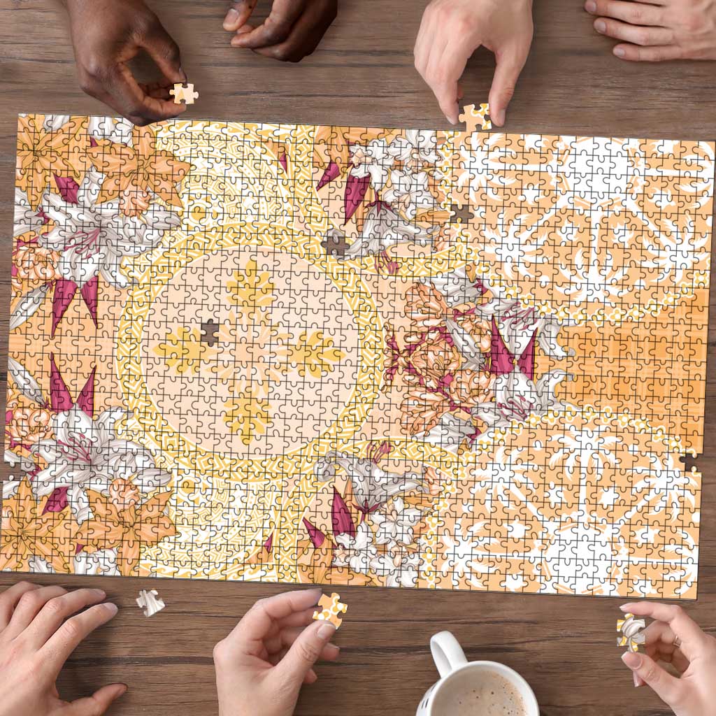 Hawaii Peach Palaka Puzzle With Tapa Pattern Tropical Flowers - Polynesian Pride