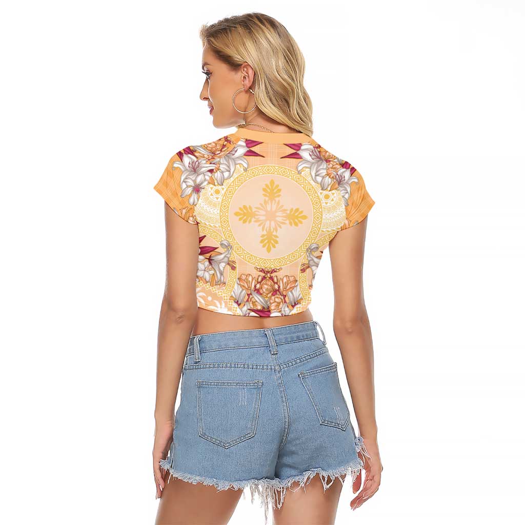 Hawaii Peach Palaka Raglan Cropped T Shirt With Tapa Pattern Tropical Flowers - Polynesian Pride