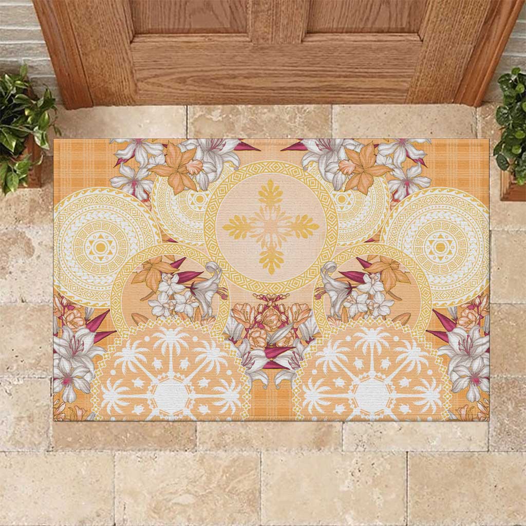 Hawaii Peach Palaka Rubber Doormat With Tapa Pattern Tropical Flowers - Polynesian Pride