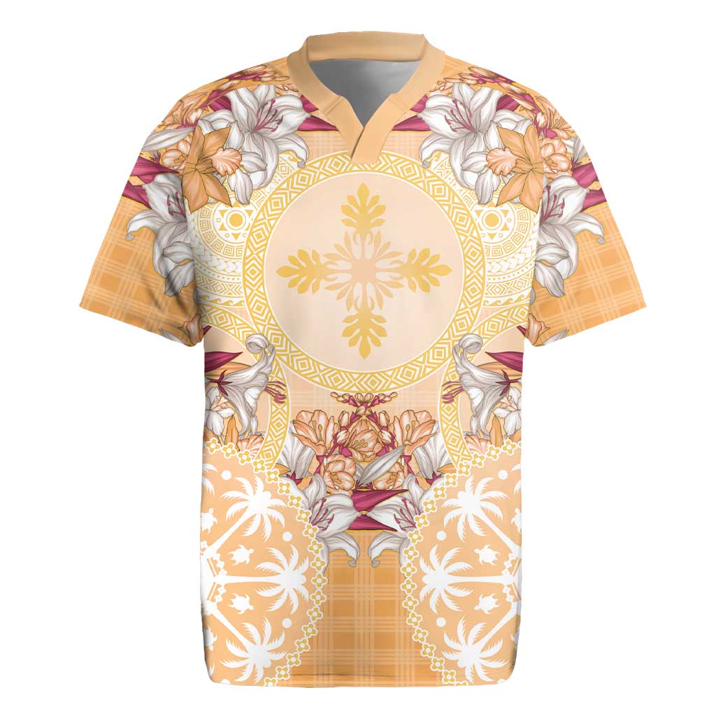 Hawaii Peach Palaka Rugby Jersey With Tapa Pattern Tropical Flowers - Polynesian Pride