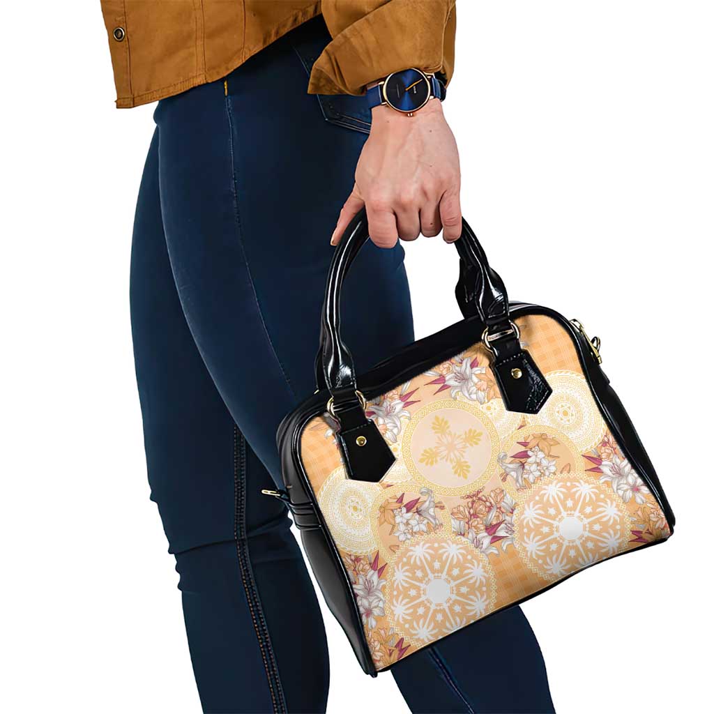 Hawaii Peach Palaka Shoulder Handbag With Tapa Pattern Tropical Flowers - Polynesian Pride