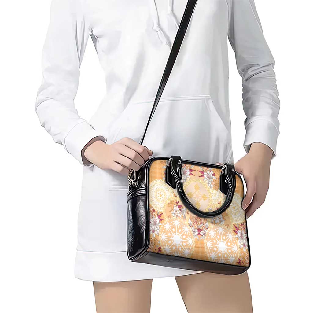 Hawaii Peach Palaka Shoulder Handbag With Tapa Pattern Tropical Flowers - Polynesian Pride
