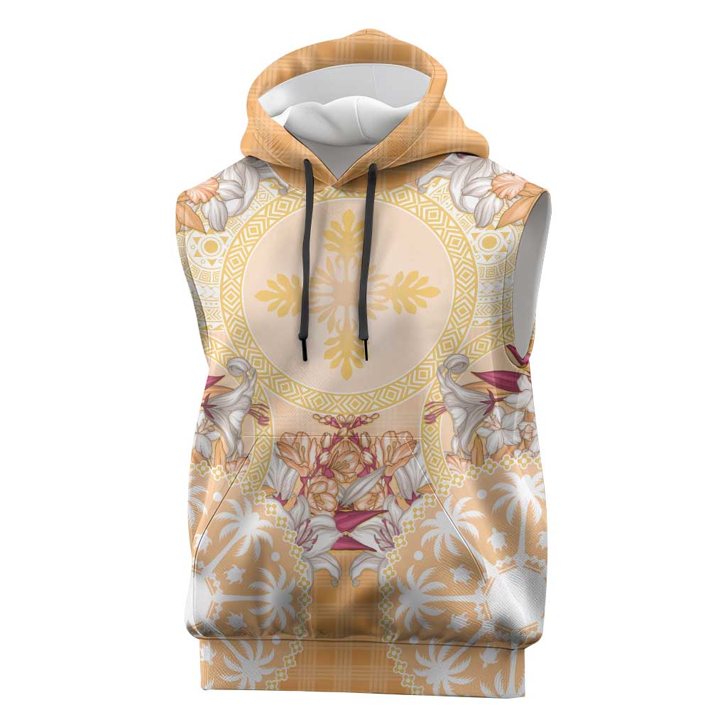 Hawaii Peach Palaka Sleeveless Hoodie With Tapa Pattern Tropical Flowers - Polynesian Pride