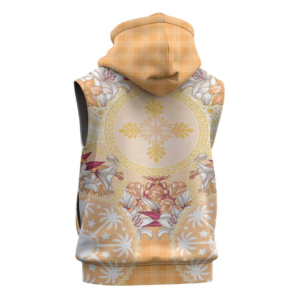 Hawaii Peach Palaka Sleeveless Hoodie With Tapa Pattern Tropical Flowers - Polynesian Pride