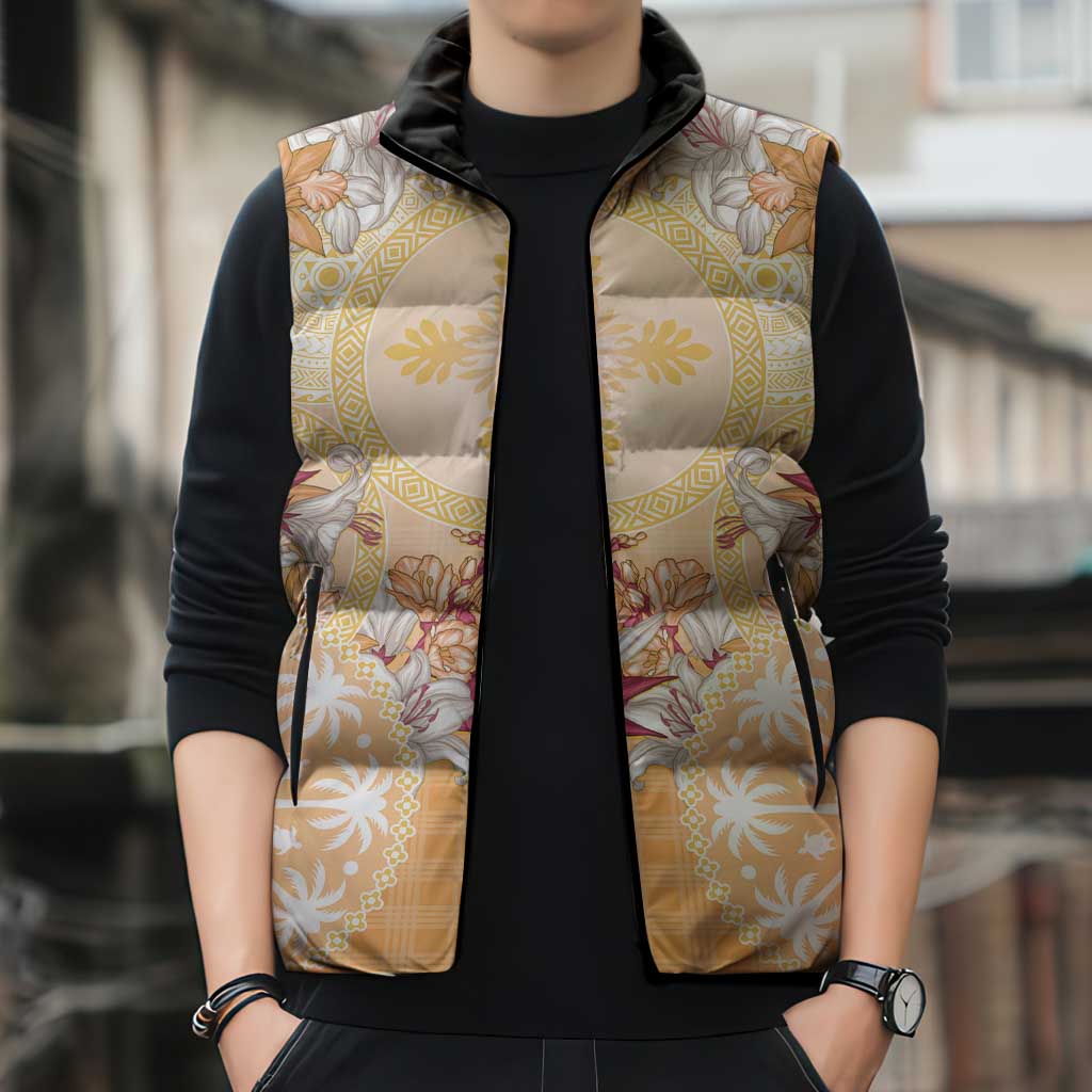Hawaii Peach Palaka Sleeveless Puffer Jacket With Tapa Pattern Tropical Flowers - Polynesian Pride