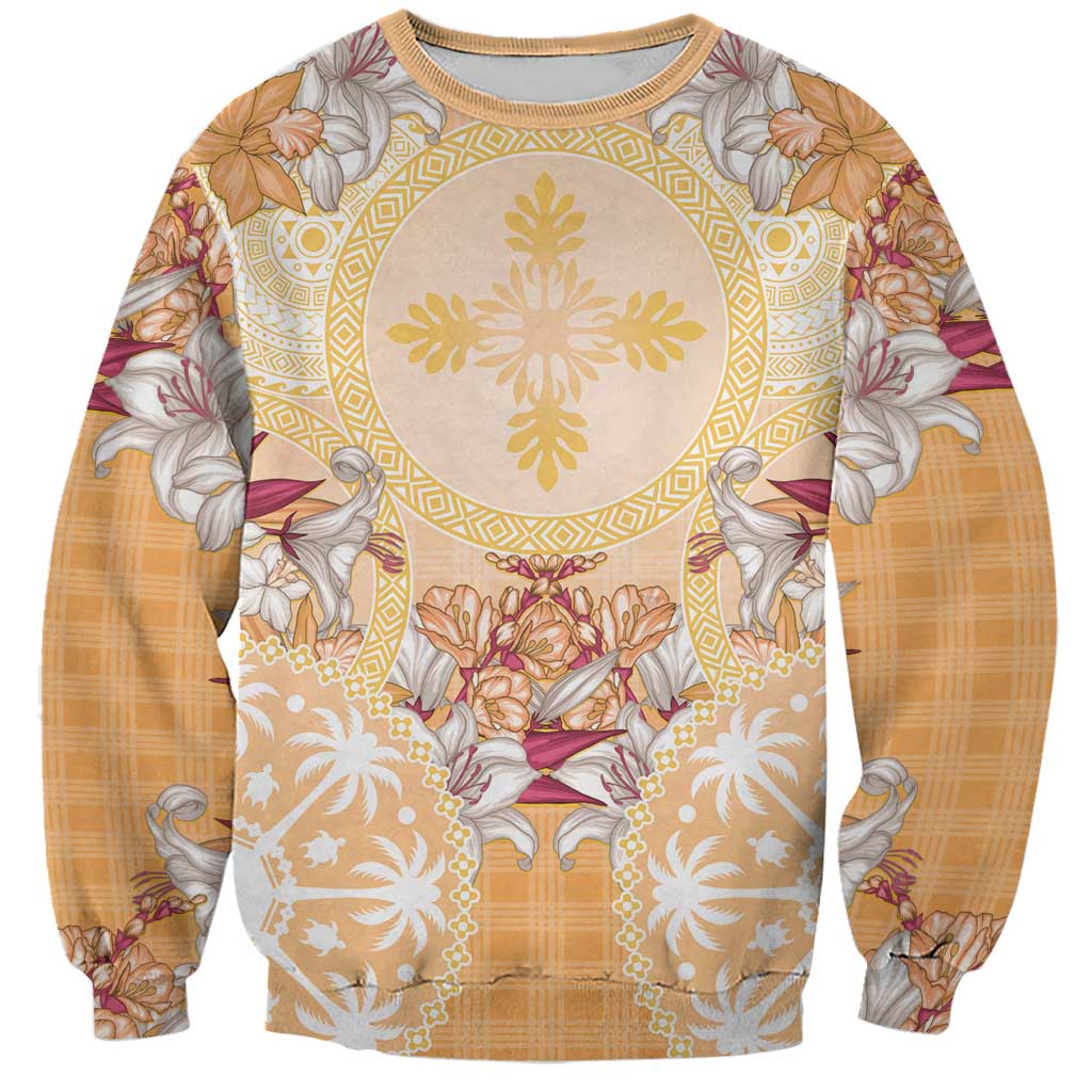 Hawaii Peach Palaka Sweatshirt With Tapa Pattern Tropical Flowers - Polynesian Pride