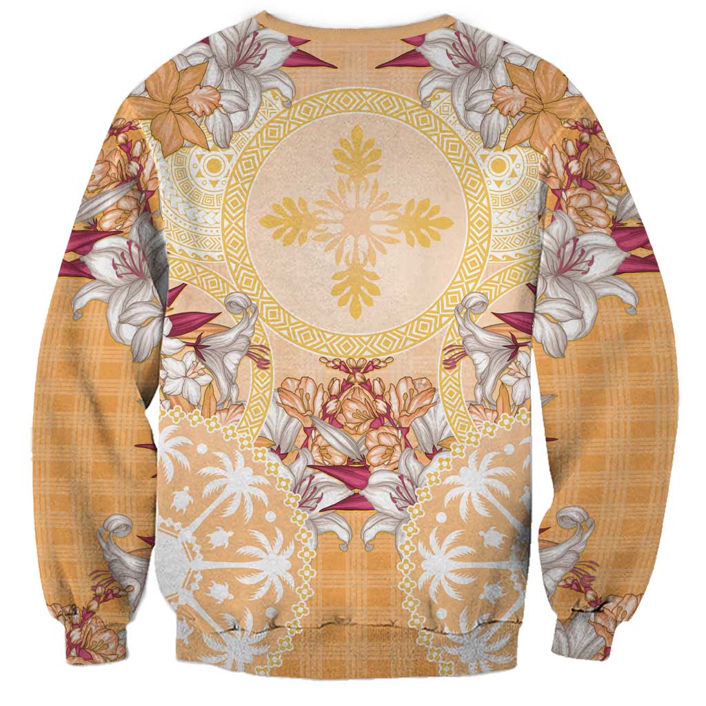 Hawaii Peach Palaka Sweatshirt With Tapa Pattern Tropical Flowers - Polynesian Pride