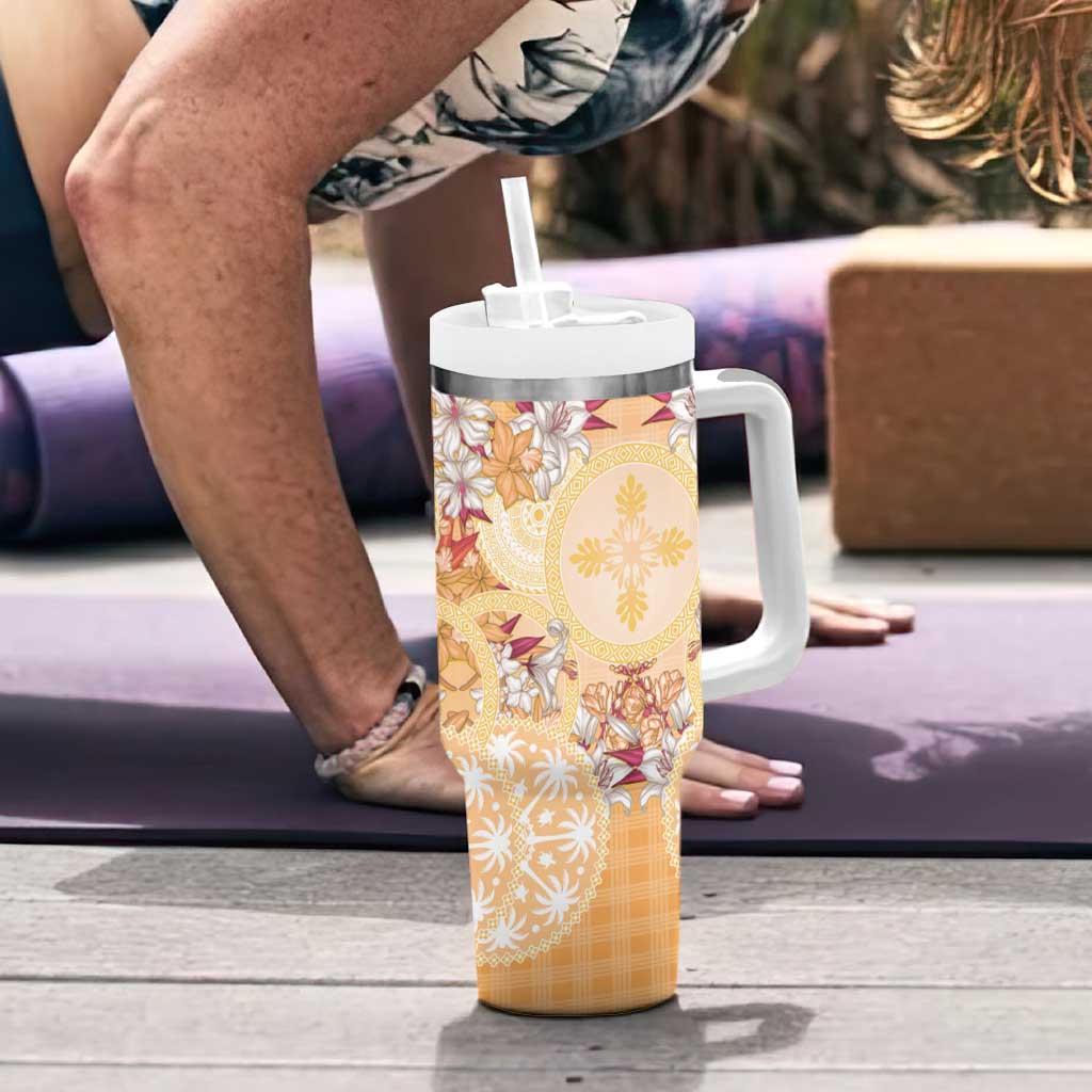 Hawaii Peach Palaka Tumbler With Handle With Tapa Pattern Tropical Flowers - Polynesian Pride