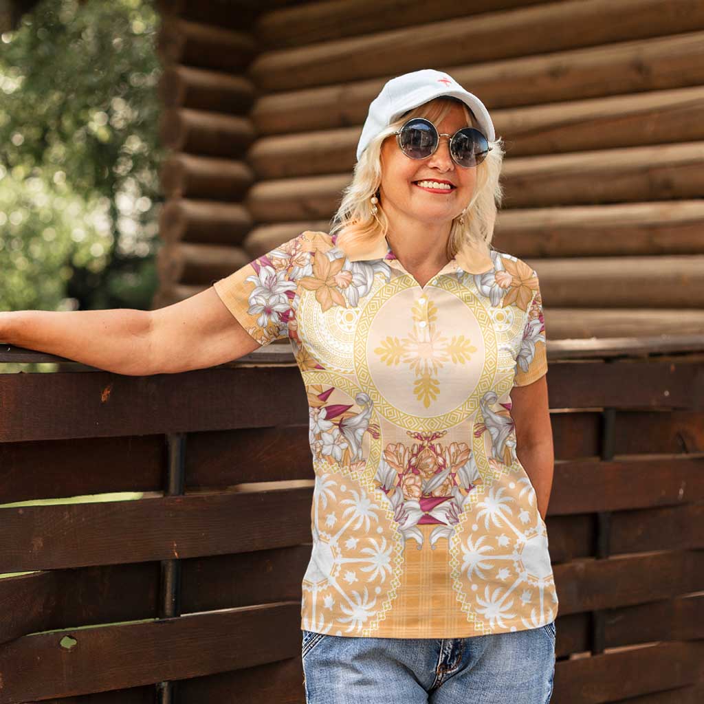 Hawaii Peach Palaka Women Polo Shirt With Tapa Pattern Tropical Flowers - Polynesian Pride