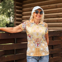 Hawaii Peach Palaka Women Polo Shirt With Tapa Pattern Tropical Flowers - Polynesian Pride