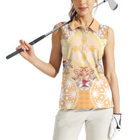 Hawaii Peach Palaka Women Sleeveless Polo Shirt With Tapa Pattern Tropical Flowers - Polynesian Pride