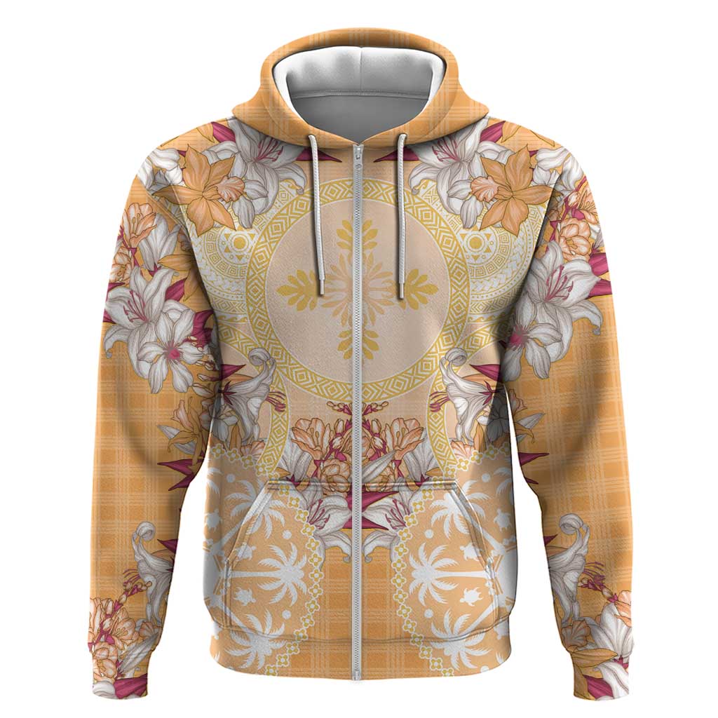 Hawaii Peach Palaka Zip Hoodie With Tapa Pattern Tropical Flowers - Polynesian Pride