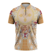 Hawaii Peach Palaka Zipper Polo Shirt With Tapa Pattern Tropical Flowers - Polynesian Pride