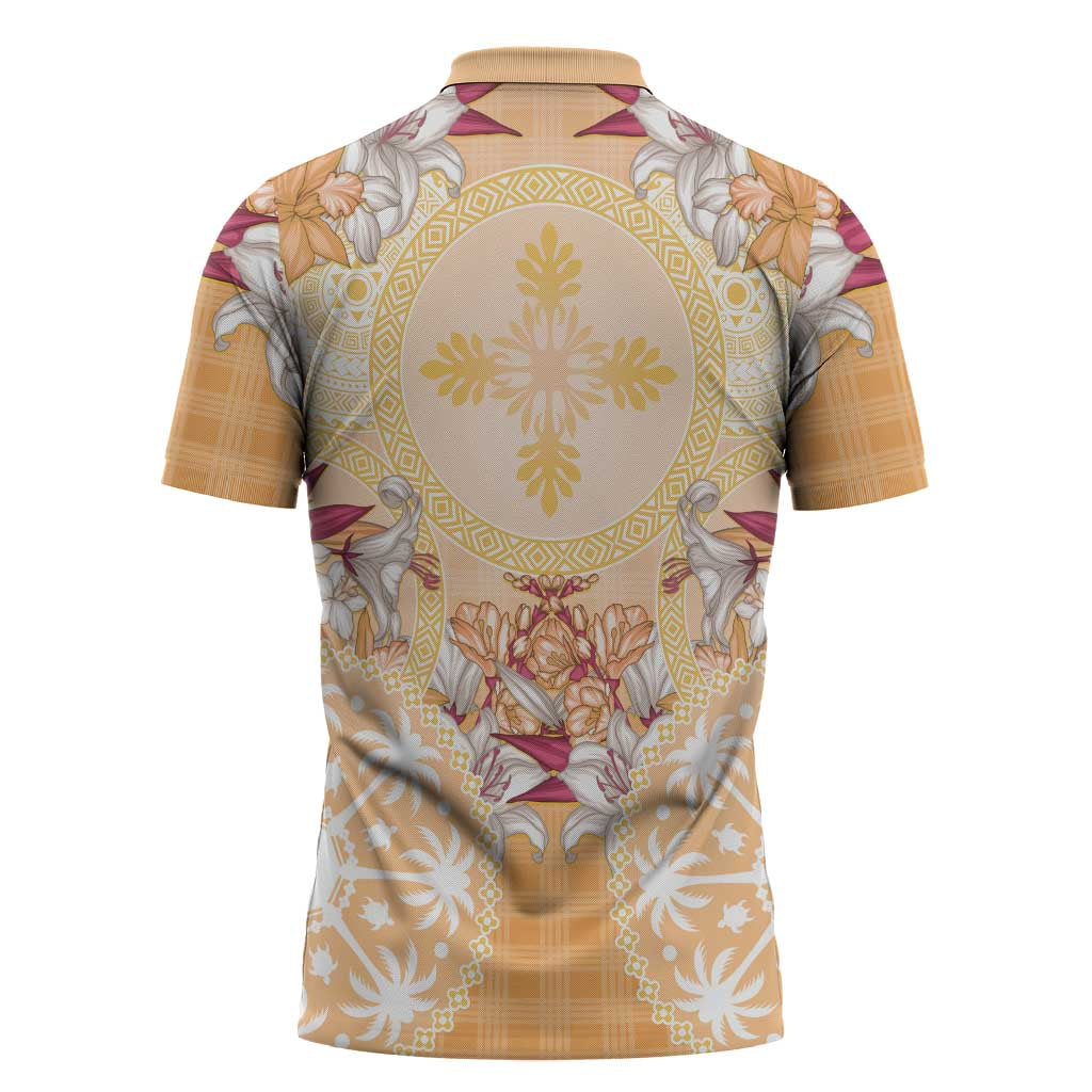 Hawaii Peach Palaka Zipper Polo Shirt With Tapa Pattern Tropical Flowers - Polynesian Pride