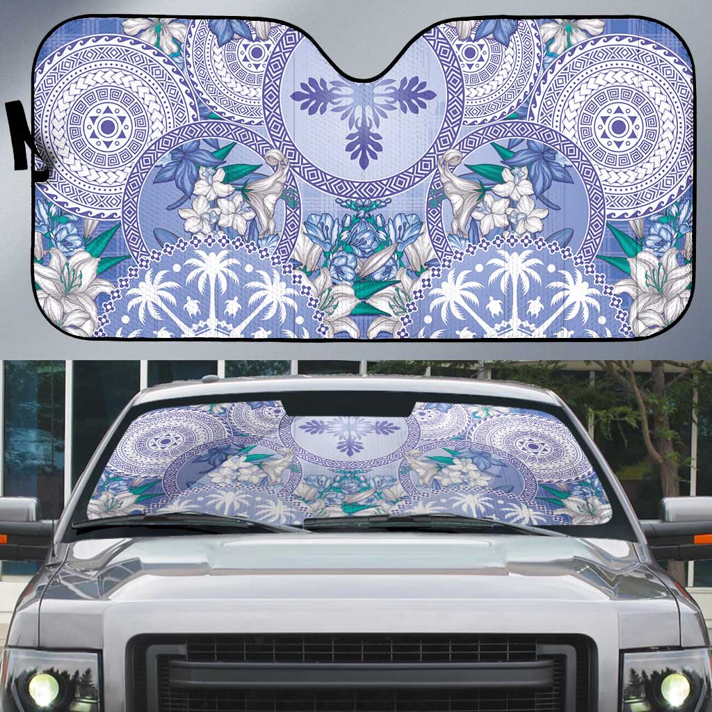 Hawaii Violet Palaka Auto Sun Shade With Tapa Pattern Tropical Flowers - Polynesian Pride