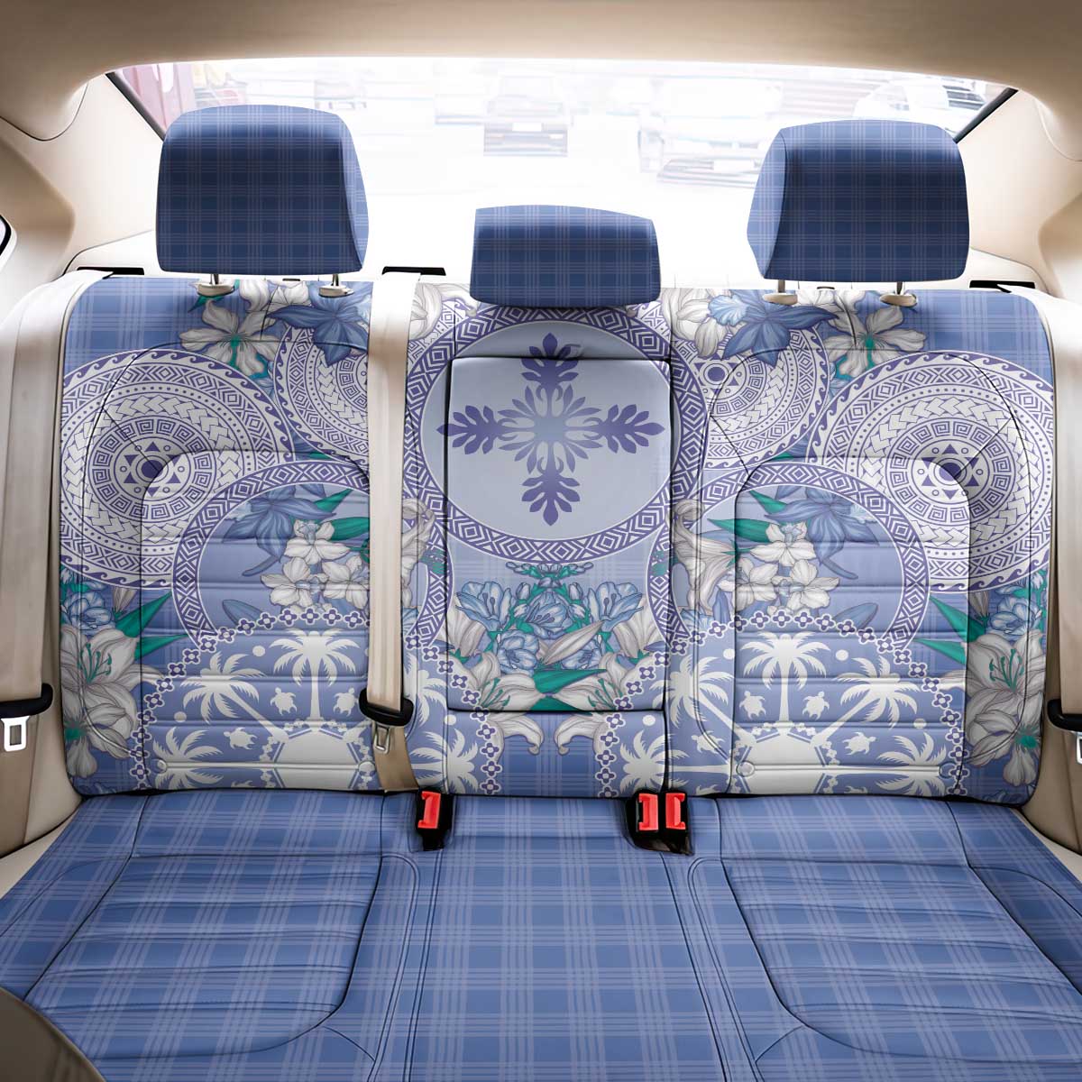 Hawaii Violet Palaka Back Car Seat Cover With Tapa Pattern Tropical Flowers - Polynesian Pride