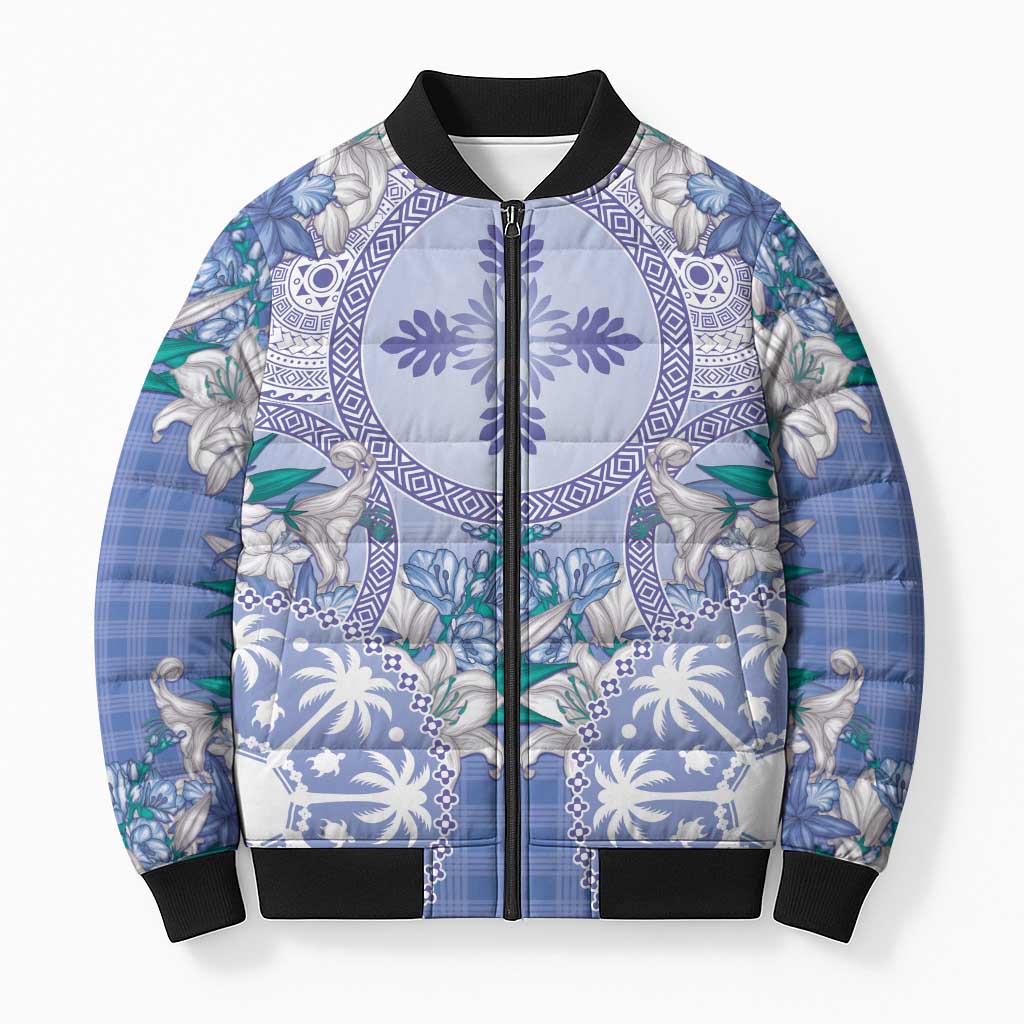 Hawaii Violet Palaka Bomber Puffer Jacket With Tapa Pattern Tropical Flowers - Polynesian Pride