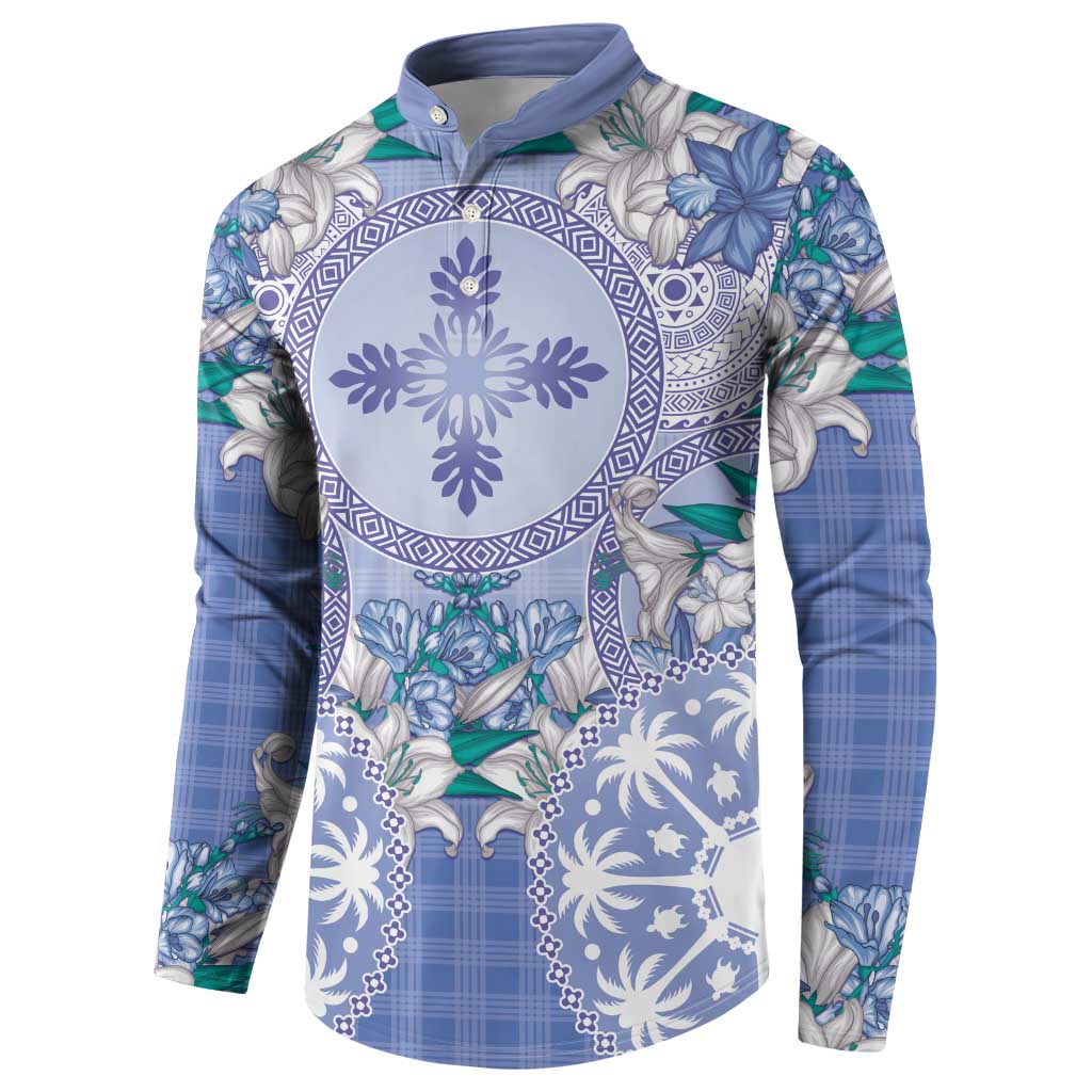Hawaii Violet Palaka Button Sweatshirt With Tapa Pattern Tropical Flowers - Polynesian Pride