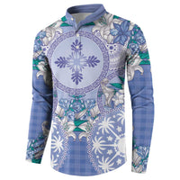 Hawaii Violet Palaka Button Sweatshirt With Tapa Pattern Tropical Flowers - Polynesian Pride