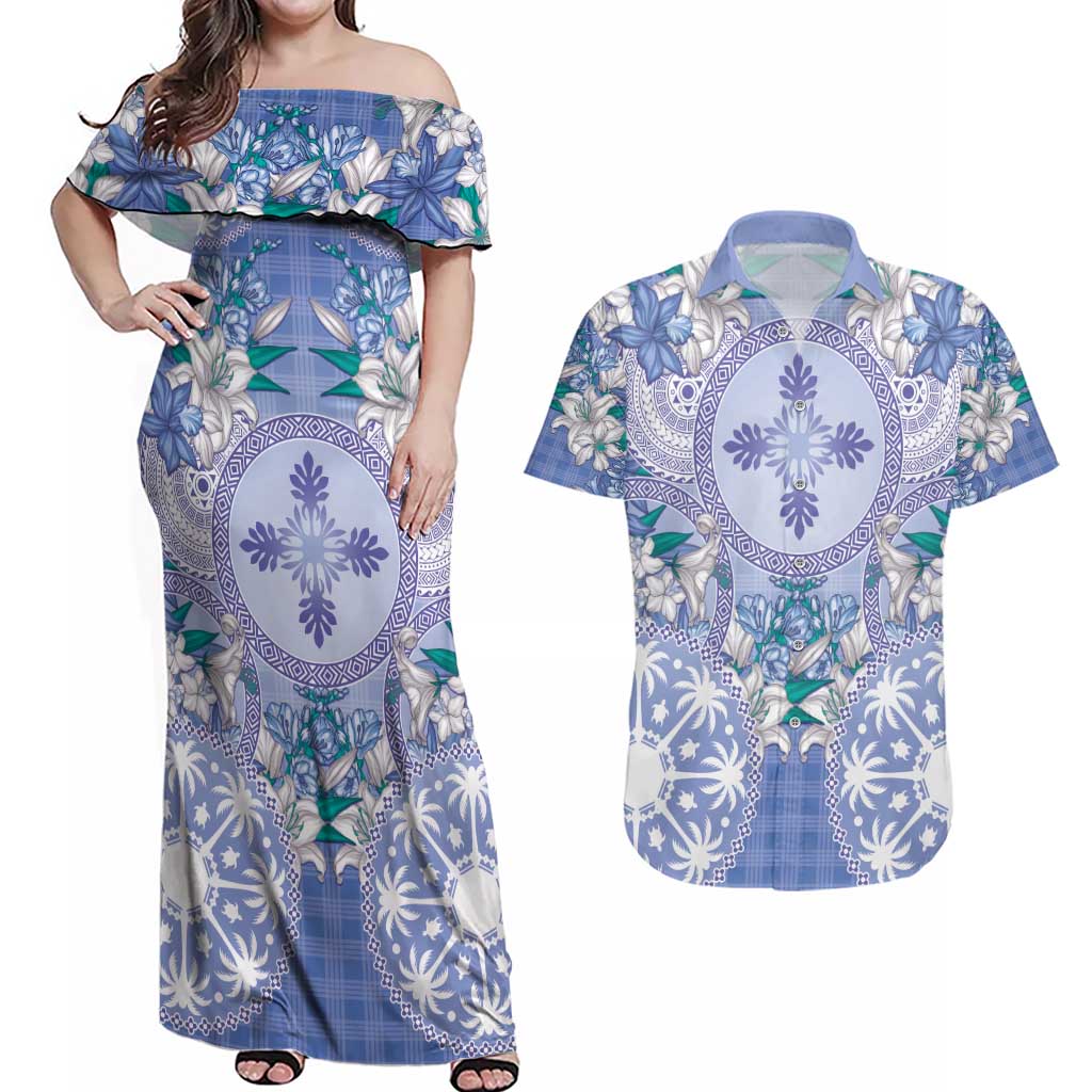 Hawaii Violet Palaka Couples Matching Off Shoulder Maxi Dress and Hawaiian Shirt With Tapa Pattern Tropical Flowers LT05 Violet - Polynesian Pride