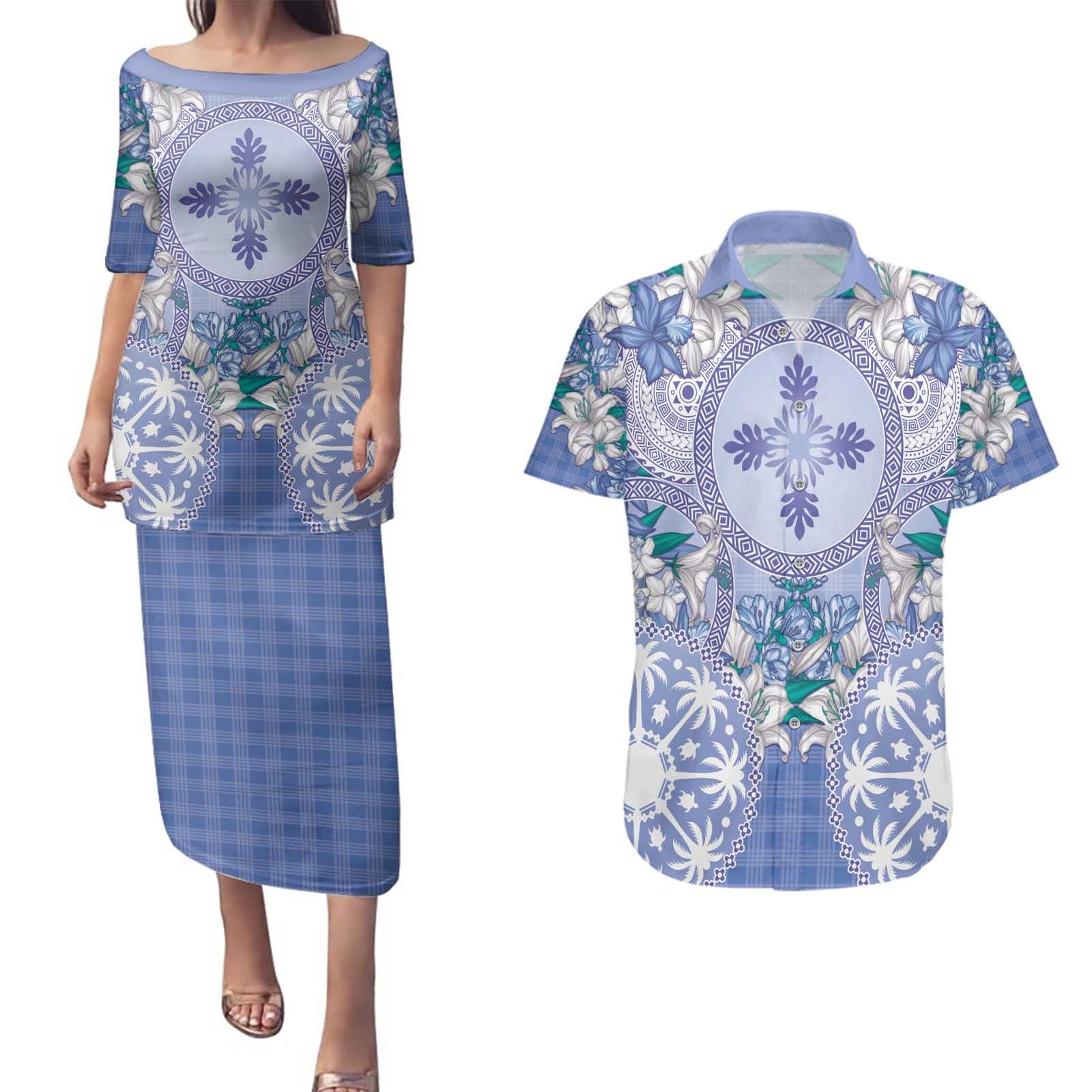 Hawaii Violet Palaka Couples Matching Puletasi and Hawaiian Shirt With Tapa Pattern Tropical Flowers LT05 Violet - Polynesian Pride
