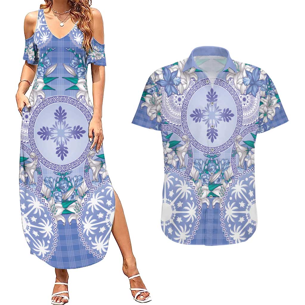 Hawaii Violet Palaka Couples Matching Summer Maxi Dress and Hawaiian Shirt With Tapa Pattern Tropical Flowers LT05 Violet - Polynesian Pride