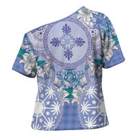 Hawaii Violet Palaka Cross Shoulder Shirt With Tapa Pattern Tropical Flowers - Polynesian Pride