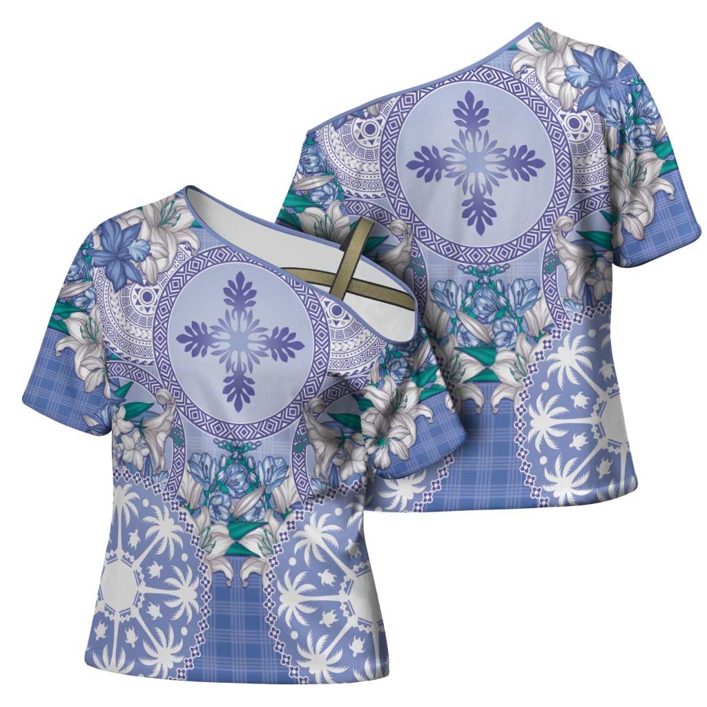 Hawaii Violet Palaka Cross Shoulder Shirt With Tapa Pattern Tropical Flowers - Polynesian Pride