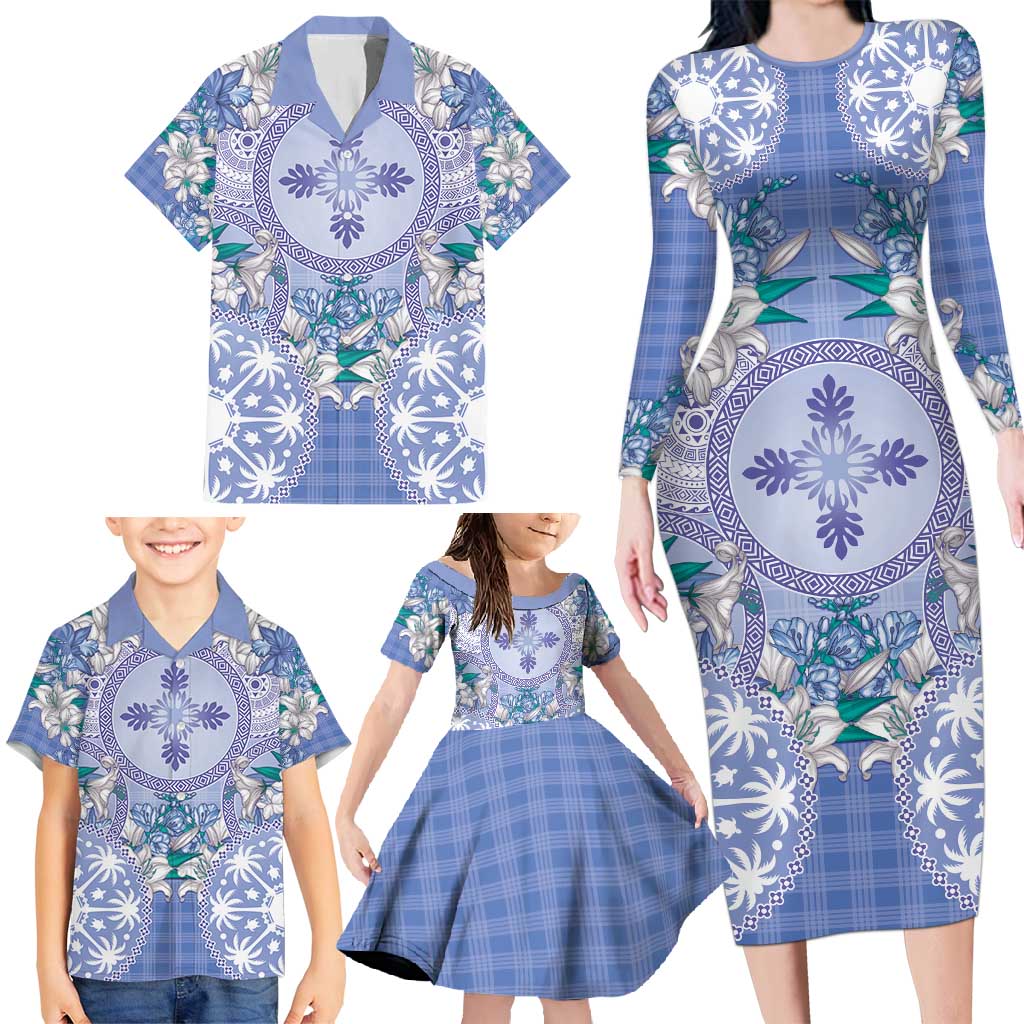 Hawaii Violet Palaka Family Matching Long Sleeve Bodycon Dress and Hawaiian Shirt With Tapa Pattern Tropical Flowers LT05 - Polynesian Pride