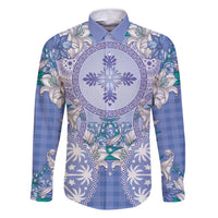 Hawaii Violet Palaka Family Matching Long Sleeve Bodycon Dress and Hawaiian Shirt With Tapa Pattern Tropical Flowers LT05 Dad's Shirt - Long Sleeve Violet - Polynesian Pride