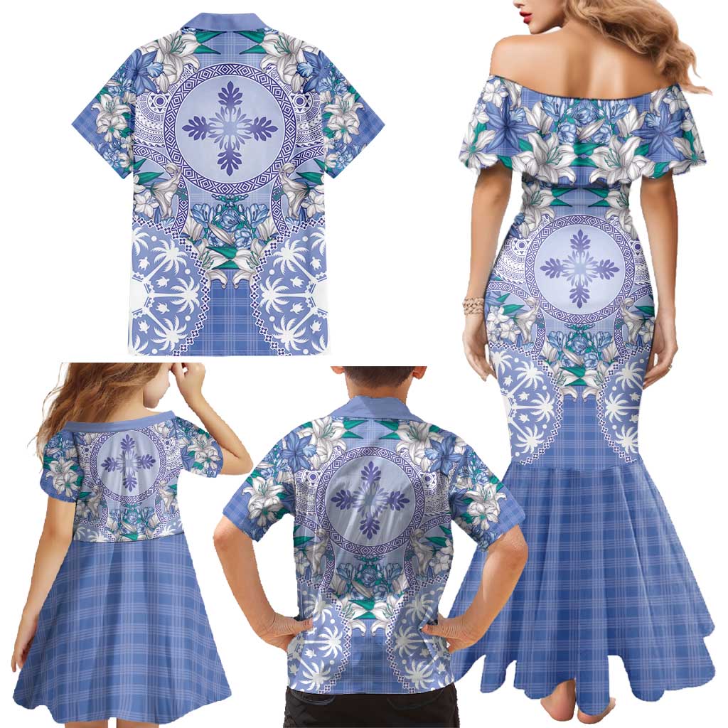 Hawaii Violet Palaka Family Matching Mermaid Dress and Hawaiian Shirt With Tapa Pattern Tropical Flowers LT05 - Polynesian Pride