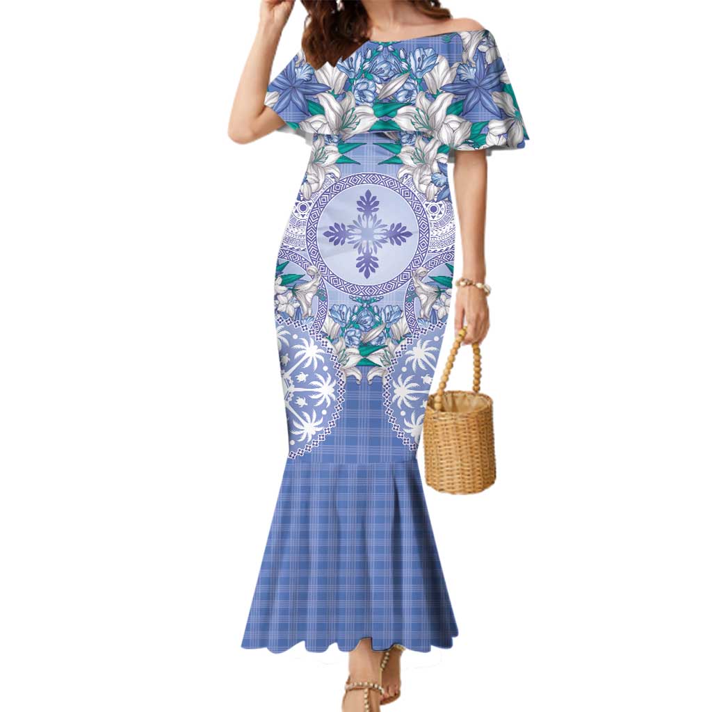Hawaii Violet Palaka Family Matching Mermaid Dress and Hawaiian Shirt With Tapa Pattern Tropical Flowers LT05 Mom's Dress Violet - Polynesian Pride