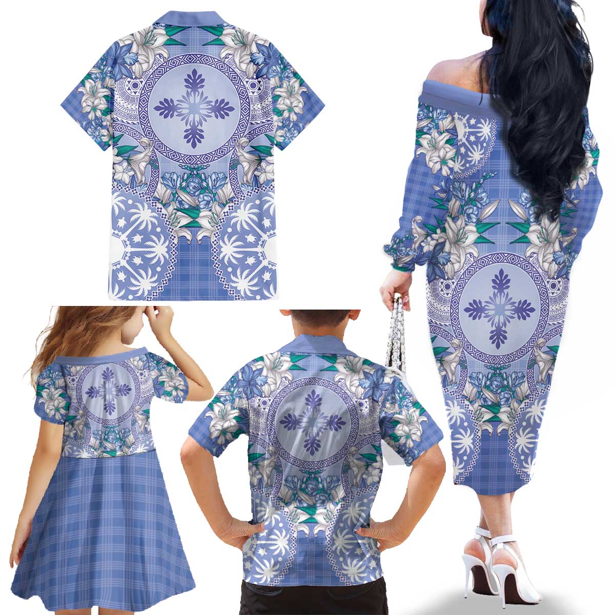 Hawaii Violet Palaka Family Matching Off The Shoulder Long Sleeve Dress and Hawaiian Shirt With Tapa Pattern Tropical Flowers LT05 - Polynesian Pride