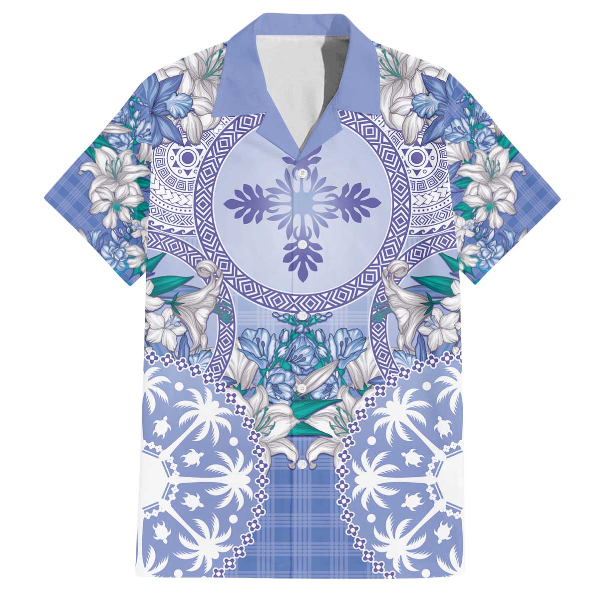 Hawaii Violet Palaka Family Matching Off The Shoulder Long Sleeve Dress and Hawaiian Shirt With Tapa Pattern Tropical Flowers LT05 Dad's Shirt - Short Sleeve Violet - Polynesian Pride