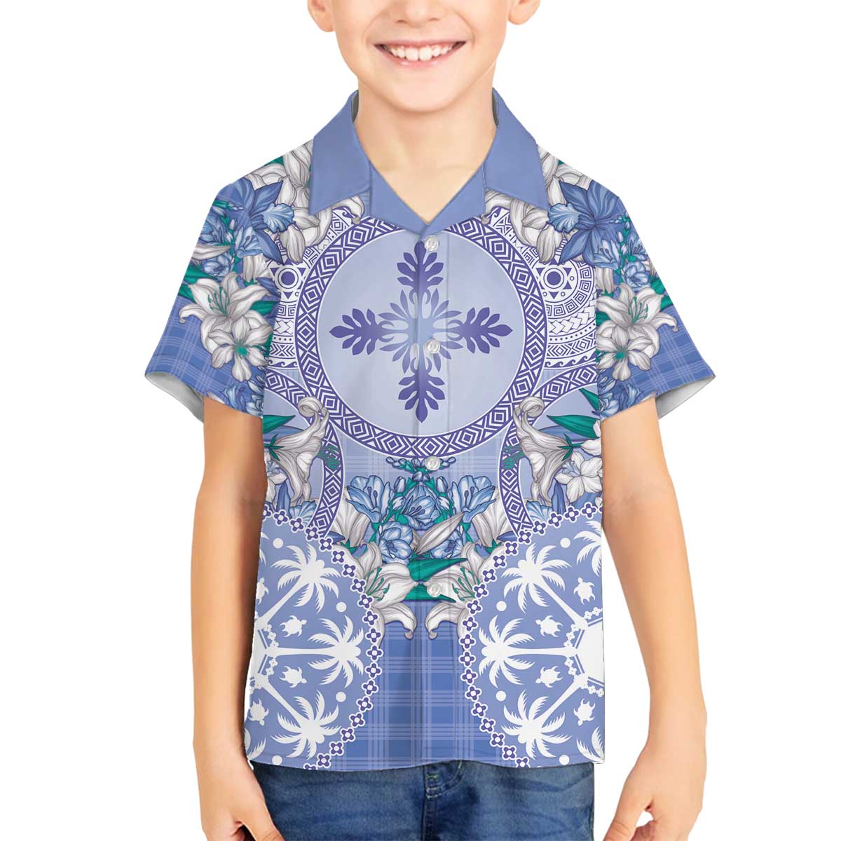 Hawaii Violet Palaka Family Matching Off The Shoulder Long Sleeve Dress and Hawaiian Shirt With Tapa Pattern Tropical Flowers LT05 Son's Shirt Violet - Polynesian Pride