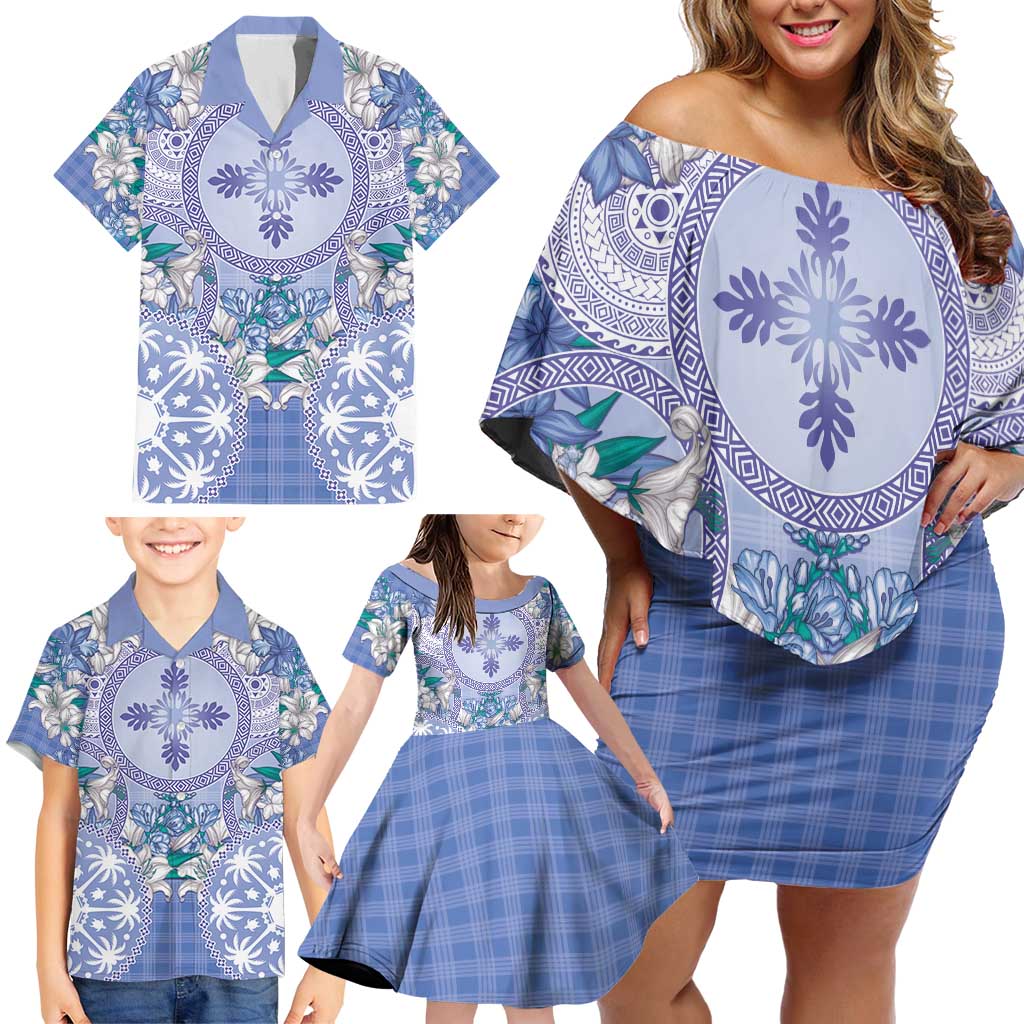 Hawaii Violet Palaka Family Matching Off Shoulder Short Dress and Hawaiian Shirt With Tapa Pattern Tropical Flowers LT05 - Polynesian Pride